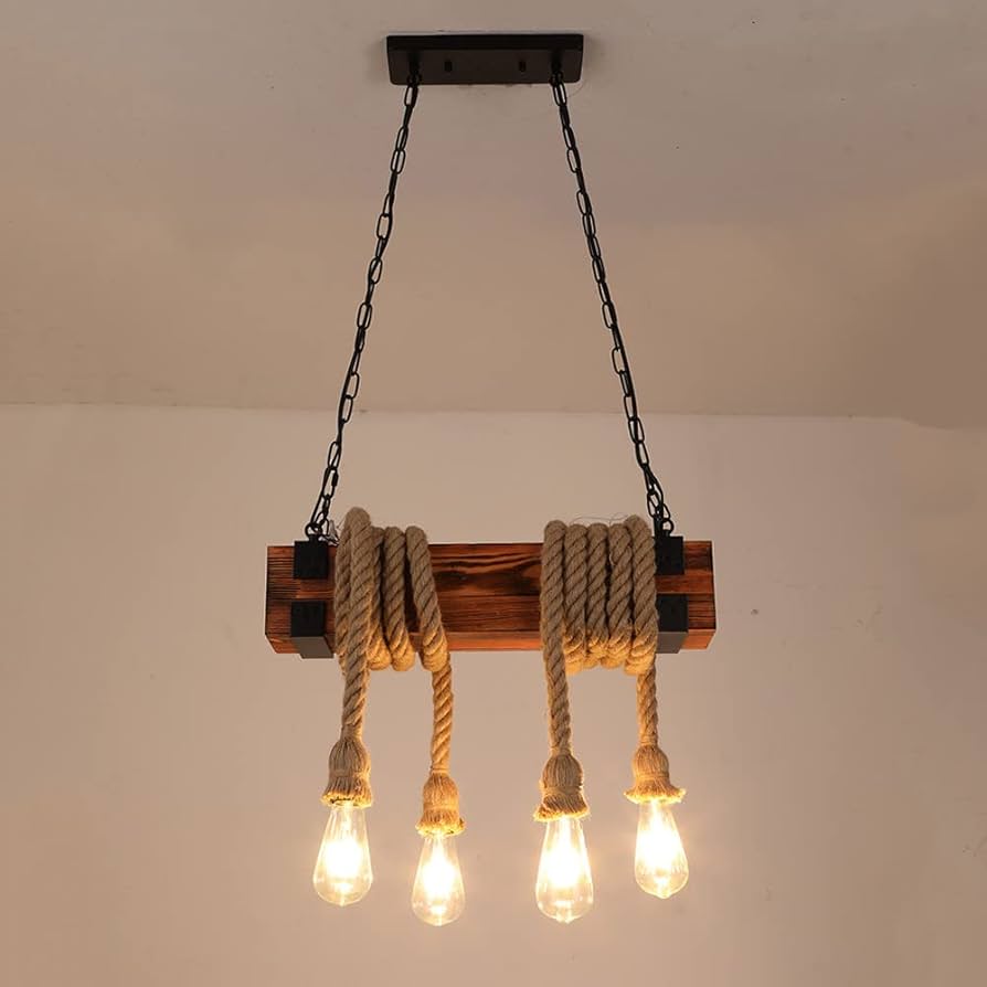 ⚜️ma-ro⚜️ Jadssox 4-Lights Hemp Rope Pendant Lamp Vintage Wood